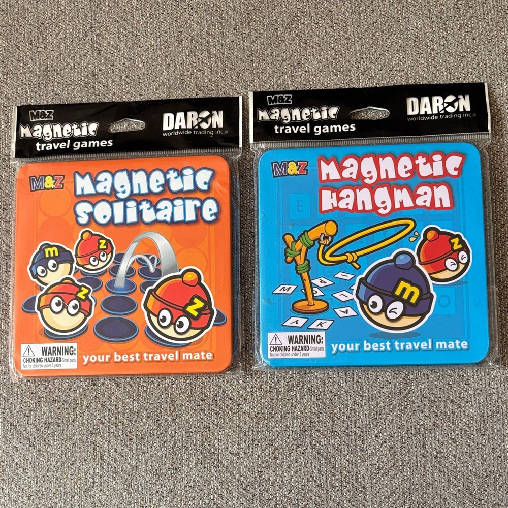 Magnetic Solitaire and Hangman Travel Games - Orange and Blue